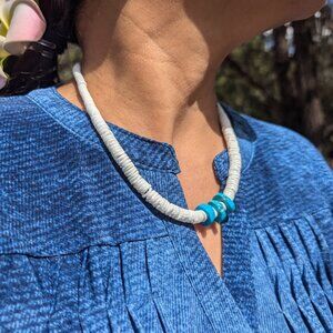 Navajo Graduated White Shell with Kingman Turquoise Beaded Necklace NA Jewelry *